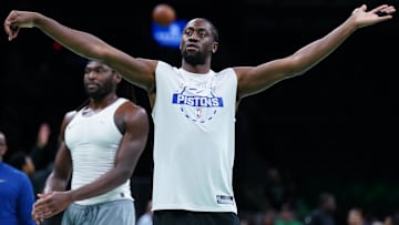Nov 26, 2025; Boston, Massachusetts, USA; Detroit Pistons guard Caris LeVert (8) and forward Isaiah Stewart (28) warm up before the start of the game against the Boston Celtics at TD Garden. Mandatory Credit: David Butler II-Imagn Images
