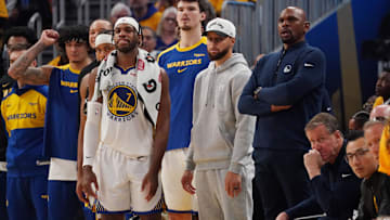 May 10, 2025; San Francisco, California, USA; Golden State Warriors guard Stephen Curry (30) watches from the bench during game three against the Minnesota Timberwolves in the second round of the 2025 NBA Playoffs at Chase Center. Mandatory Credit: David Gonzales-Imagn Images