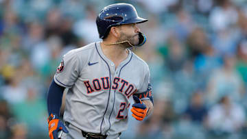 Jun 17, 2025; West Sacramento, California, USA; Houston Astros designated hitter Jose Altuve (27) bats during the game against the Athletics at Sutter Health Park. 
