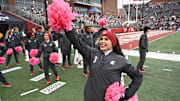 Oct 25, 2025; Pullman, Washington, USA; Washington State Cougars cheerleader performs during a game against the Toledo Rockets in the second half at Gesa Field at Martin Stadium. Washington State Cougars won 28-7. Mandatory Credit: James Snook-Imagn Images