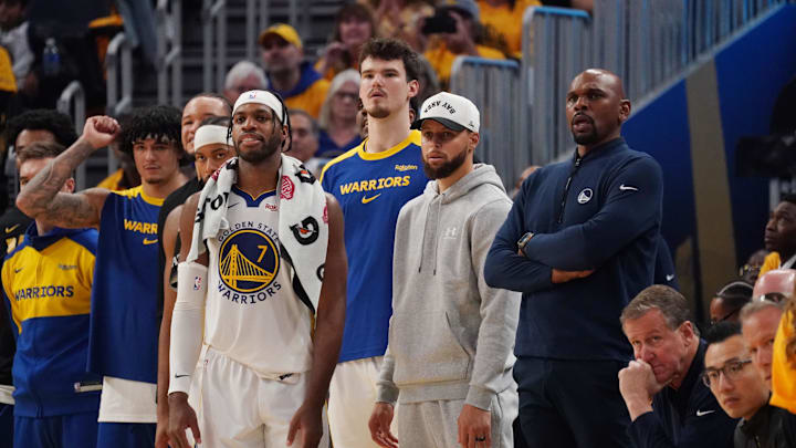 May 10, 2025; San Francisco, California, USA; Golden State Warriors guard Stephen Curry (30) watches from the bench during game three against the Minnesota Timberwolves in the second round of the 2025 NBA Playoffs at Chase Center. Mandatory Credit: David Gonzales-Imagn Images