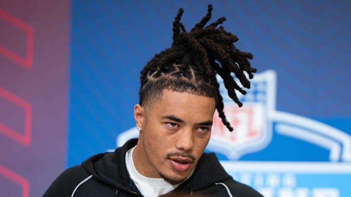Feb 27, 2026; Indianapolis, IN, USA; Southern California wideout Makai Lemon (WO29) speaks to members of the media during the NFL Combine at the Indiana Convention Center. Mandatory Credit: Jacob Musselman-Imagn Images