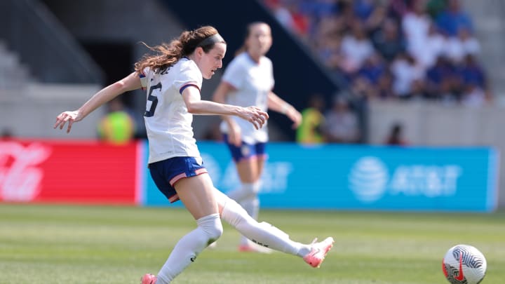 Jul 13, 2024; Harrison, New Jersey, USA; United States midfielder Rose Lavelle (16) kicks the ball during the first half against Mexico at Red Bull Arena. Mandatory Credit: Vincent Carchietta-USA TODAY Sports