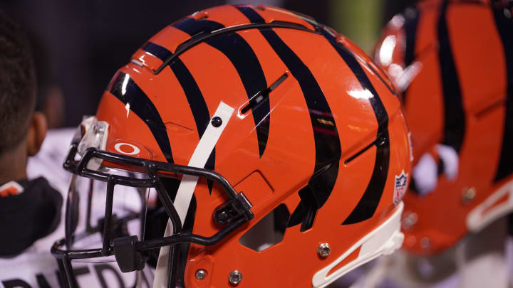 Dec 31, 2023; Kansas City, Missouri, USA; A general view of a Cincinnati Bengals helmet against the Kansas City Chiefs during the game at GEHA Field at Arrowhead Stadium. Mandatory Credit: Denny Medley-USA TODAY Sports