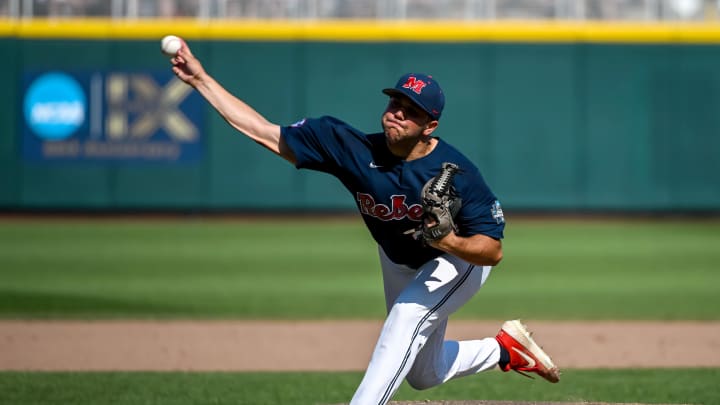 Jun 23, 2022; Omaha, NE, USA;  Ole Miss Rebels starting pitcher Dylan DeLucia (44) throws against the Arkansas Razorbacks in the eighth inning at Charles Schwab Field. Mandatory Credit: Steven Branscombe-USA TODAY Sports