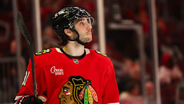Apr 6, 2025; Chicago, Illinois, USA; Chicago Blackhawks center Frank Nazar (91) warms up before the second period against the Pittsburgh Penguins at United Center. Mandatory Credit: Talia Sprague-Imagn Images