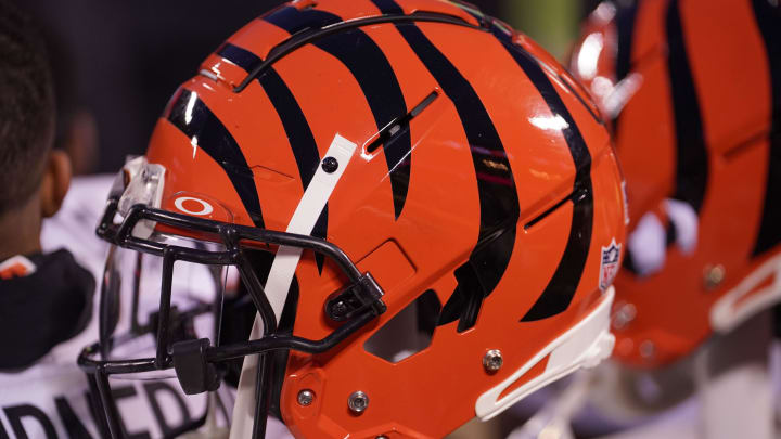 Dec 31, 2023; Kansas City, Missouri, USA; A general view of a Cincinnati Bengals helmet against the Kansas City Chiefs during the game at GEHA Field at Arrowhead Stadium. Mandatory Credit: Denny Medley-USA TODAY Sports