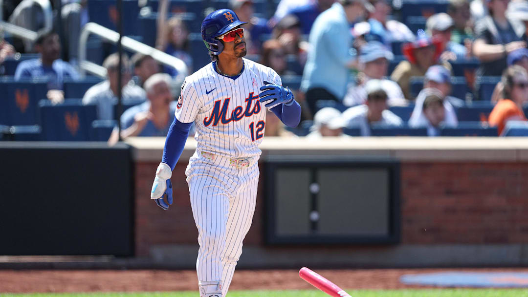 May 11, 2025; New York City, New York, USA; New York Mets shortstop Francisco Lindor (12) looks up at his solo home run during the eighth inning against the Chicago Cubs at Citi Field. Mandatory Credit: Vincent Carchietta-Imagn Images May 11, 2025; New York City, New York, USA; New York Mets shortstop Francisco Lindor (12) looks up at his solo home run during the eighth inning against the Chicago Cubs at Citi Field. Mandatory Credit: Vincent Carchietta-Imagn Images