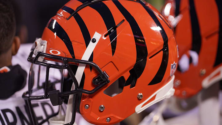 Dec 31, 2023; Kansas City, Missouri, USA; A general view of a Cincinnati Bengals helmet against the Kansas City Chiefs during the game at GEHA Field at Arrowhead Stadium. Mandatory Credit: Denny Medley-Imagn Images