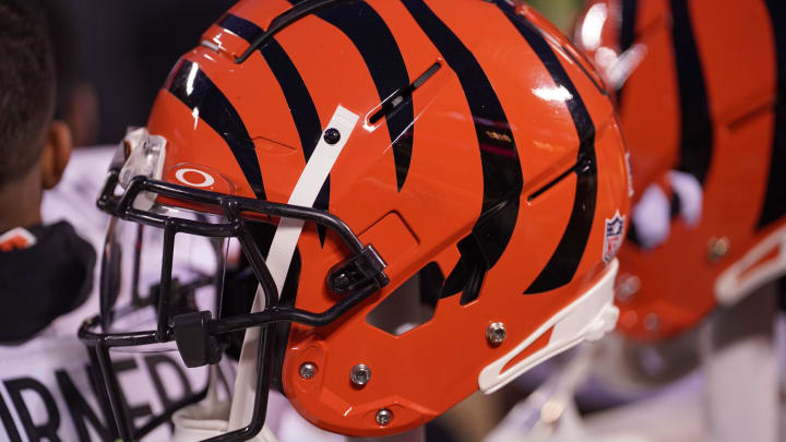 Dec 31, 2023; Kansas City, Missouri, USA; A general view of a Cincinnati Bengals helmet against the Kansas City Chiefs during the game at GEHA Field at Arrowhead Stadium. Mandatory Credit: Denny Medley-USA TODAY Sports