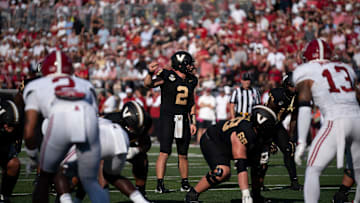 Vanderbilt Commodores quarterback Diego Pavia (2) calls out his cadence against the Alabama Crimson Tide during their game at Vanderbilt Stadium in Nashville, Tenn., Saturday, Oct. 5, 2024.