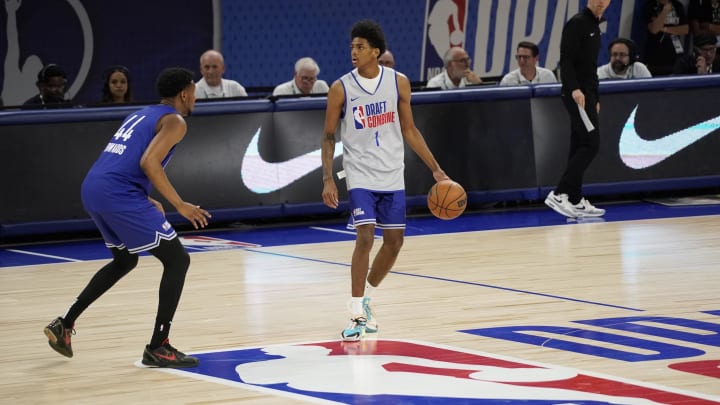  AJ Johnson (1) participates during the 2024 NBA Draft Combine  at Wintrust Arena. 