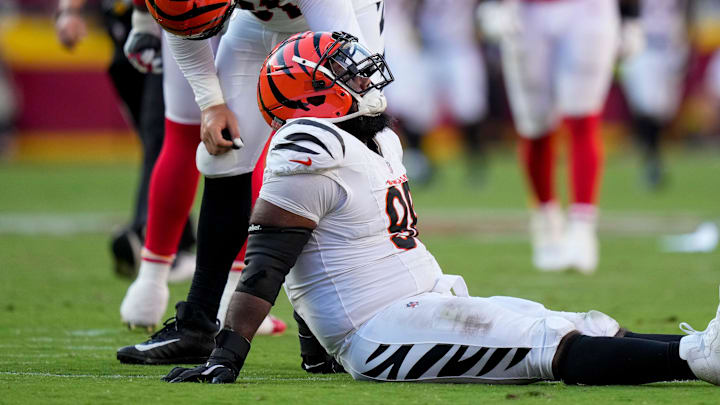 Cincinnati Bengals defensive tackle Sheldon Rankins (98) remains down after a play before heading to the locker room early in the fourth quarter of the NFL Week 2 game between the Kansas City Chiefs and the Cincinnati Bengals at Arrowhead Stadium in Kansas City on Sunday, Sept. 15, 2024. The Chiefs took a 26-25 win with a go-ahead field goal as time expired.