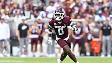 Oct 5, 2024; College Station, Texas, USA; Texas A&M Aggies linebacker Scooby Williams (0) defends in coverage in the second half against the Missouri Tigers at Kyle Field. Mandatory Credit: Maria Lysaker-Imagn Images. 