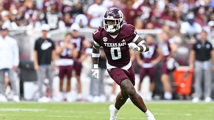 Oct 5, 2024; College Station, Texas, USA; Texas A&M Aggies linebacker Scooby Williams (0) defends in coverage in the second half against the Missouri Tigers at Kyle Field. Mandatory Credit: Maria Lysaker-Imagn Images. Oct 5, 2024; College Station, Texas, USA; Texas A&M Aggies linebacker Scooby Williams (0) defends in coverage in the second half against the Missouri Tigers at Kyle Field. Mandatory Credit: Maria Lysaker-Imagn Images.
