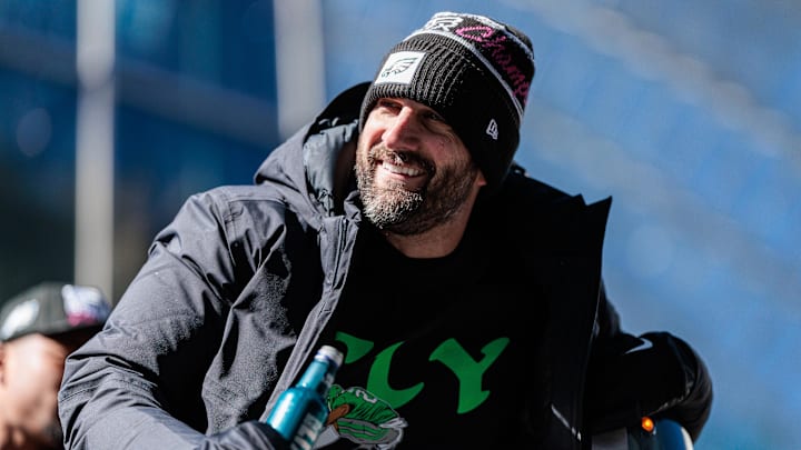 Philadelphia Eagles head coach Nick Sirianni celebrates during the Super Bowl LIX championship parade.