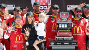 Aug 19, 2024; Brooklyn, Michigan, USA; NASCAR Cup Series driver Tyler Reddick (45) reacts after winning the FireKeepers Casino 400 at Michigan International Speedway. Photo Credit