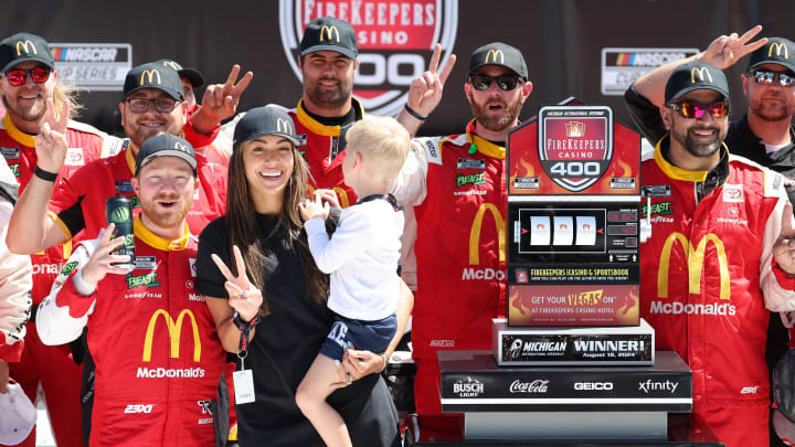 Aug 19, 2024; Brooklyn, Michigan, USA; NASCAR Cup Series driver Tyler Reddick (45) reacts after winning the FireKeepers Casino 400 at Michigan International Speedway. Photo Credit