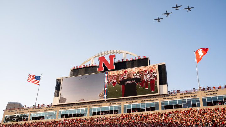 Sep 16, 2023; Lincoln, Nebraska, USA; The flyover during the national anthem before the game between the Nebraska Cornhuskers and the Northern Illinois Huskies at Memorial Stadium.