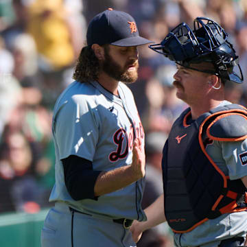 Sep 7, 2024; Oakland, California, USA; Detroit Tigers pitcher Jason Foley (68) shakes hands with Detroit Tigers catcher Dillon Dingler (38) after the last out of the game against the Oakland Athletics at Oakland-Alameda County Coliseum. 