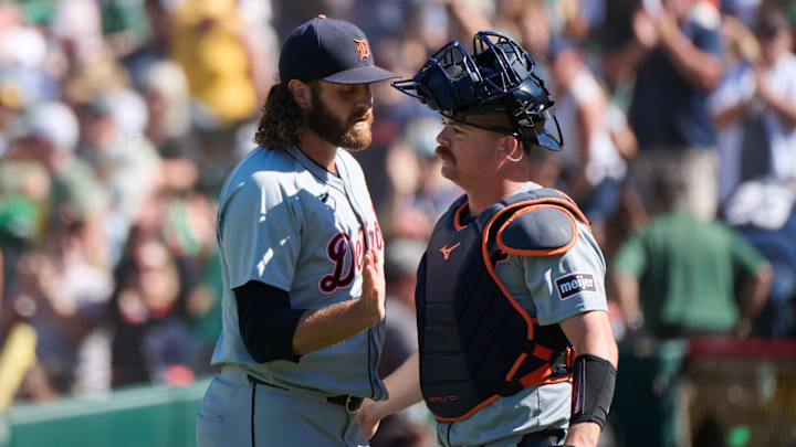 Sep 7, 2024; Oakland, California, USA; Detroit Tigers pitcher Jason Foley (68) shakes hands with Detroit Tigers catcher Dillon Dingler (38) after the last out of the game against the Oakland Athletics at Oakland-Alameda County Coliseum. 