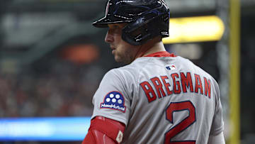 Aug 12, 2025; Houston, Texas, USA; Boston Red Sox third baseman Alex Bregman (2) stands on deck during the game against the Houston Astros at Daikin Park. Mandatory Credit: Troy Taormina-Imagn Images
