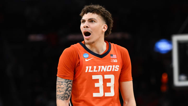 Mar 28, 2024; Boston, MA, USA; Illinois Fighting Illini forward Coleman Hawkins (33) reacts against the Iowa State Cyclones in the semifinals of the East Regional of the 2024 NCAA Tournament at TD Garden. Mandatory Credit: Brian Fluharty-USA TODAY Sports