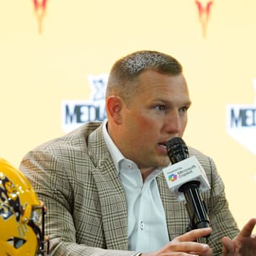 Jul 8, 2025; Frisco, TX, USA; Arizona State head coach Kenny Dillingham addresses the media during 2025 Big 12 Football Media Days at The Star. Mandatory Credit: Raymond Carlin III-Imagn Images