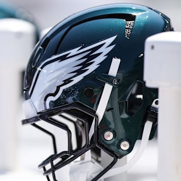 Aug 16, 2025; Philadelphia, Pennsylvania, USA; Philadelphia Eagles helmet on the bench during a game against the Cleveland Browns at Lincoln Financial Field. Mandatory Credit: Bill Streicher-Imagn Images