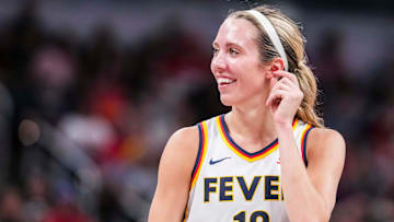 Indiana Fever guard Lexie Hull (10) smiles Thursday, June 26, 2025, during a game between the Indiana Fever and the Los Angeles Sparks at Gainbridge Fieldhouse in Indianapolis. The Los Angeles Sparks defeated the Indiana Fever, 85-75.