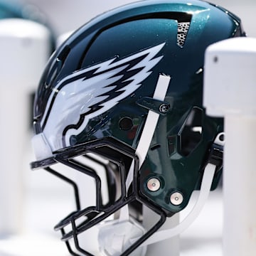 Aug 16, 2025; Philadelphia, Pennsylvania, USA; Philadelphia Eagles helmet on the bench during a game against the Cleveland Browns at Lincoln Financial Field. Mandatory Credit: Bill Streicher-Imagn Images