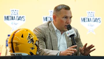 Jul 8, 2025; Frisco, TX, USA; Arizona State head coach Kenny Dillingham addresses the media during 2025 Big 12 Football Media Days at The Star. 