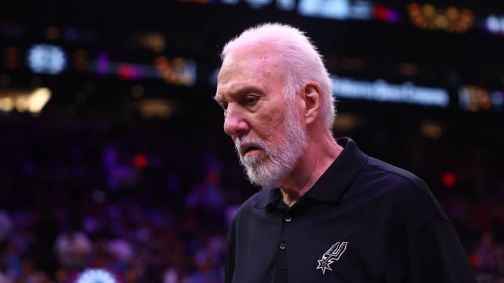 Nov 2, 2023; Phoenix, Arizona, USA; San Antonio Spurs head coach Gregg Popovich against the Phoenix Suns at Footprint Center. Mandatory Credit: Mark J. Rebilas-USA TODAY Sports