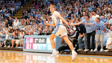 Nov 15, 2024; Chapel Hill, North Carolina, USA; North Carolina Tar Heels guard Cade Tyson (5) reacts after hitting a three point shot in the second half at Dean E. Smith Center. Mandatory Credit: Bob Donnan-Imagn Images