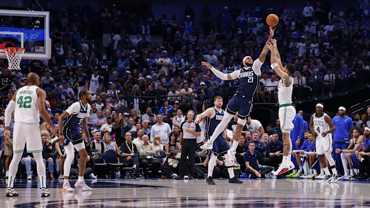 Jun 14, 2024; Dallas, Texas, USA; Dallas Mavericks center Daniel Gafford (21) blocks the shot of Boston Celtics forward Jayson Tatum (0) during the third quarter during game four of the 2024 NBA Finals at American Airlines Center. Mandatory Credit: Peter Casey-USA TODAY Sports