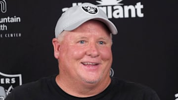 Jul 24, 2025; Henderson, NV, USA; Las Vegas Raiders offensive coordinator Chip Kelly during training camp press conference at the Intermountain Healthcare Performance Center. Mandatory Credit: Kirby Lee-Imagn Images