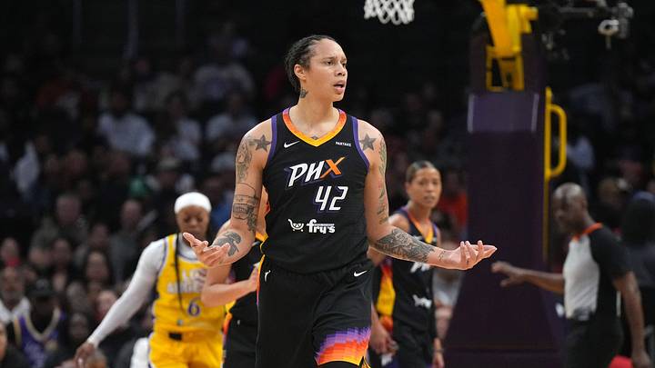 Sep 17, 2024; Los Angeles, California, USA; Phoenix Mercury center Brittney Griner (42) and LA Sparks forward Rickea Jackson (2) react in the first half at Crypto.com Arena. Mandatory Credit: Kirby Lee-Imagn Images