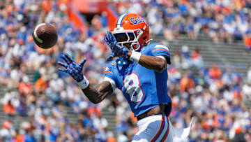 Apr 12, 2025; Gainesville, FL, USA; Florida Gators wide receiver Vernell Brown III (8) makes a catch before the game at Ben Hill Griffin Stadium. Mandatory Credit: Matt Pendleton-Imagn Images