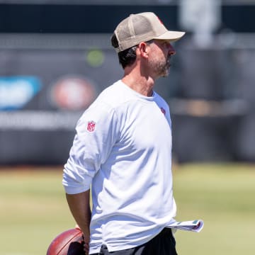 May 10, 2024; Santa Clara, CA, USA; San Francisco 49ers head coach Kyle Shanahan watches during the 49ers rookie minicamp at Levi’s Stadium in Santa Clara, CA. Mandatory Credit: Robert Kupbens-USA TODAY Sports