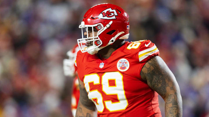 Jan 26, 2025; Kansas City, MO, USA; Kansas City Chiefs defensive tackle Mike Pennel Jr. (69) against the Buffalo Bills in the AFC Championship game at GEHA Field at Arrowhead Stadium. Mandatory Credit: Mark J. Rebilas-Imagn Images