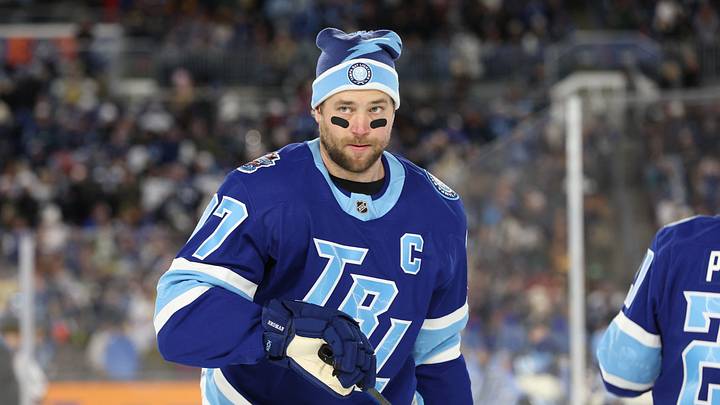 Feb 1, 2026; Tampa Bay, Florida, USA; Tampa Bay Lightning defenseman Victor Hedman (77) skates on the ice during warms up before a game against the Boston Bruins in the 2026 Stadium Series ice hockey game at Raymond James Stadium. Mandatory Credit: Kim Klement Neitzel-Imagn Images Feb 1, 2026; Tampa Bay, Florida, USA; Tampa Bay Lightning defenseman Victor Hedman (77) skates on the ice during warms up before a game against the Boston Bruins in the 2026 Stadium Series ice hockey game at Raymond James Stadium. Mandatory Credit: Kim Klement Neitzel-Imagn Images