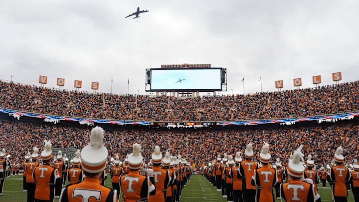 A KC-135 from the 134th Air Refueling Wing flies over Neyland Stadium A KC-135 from the 134th Air Refueling Wing flies over Neyland Stadium
