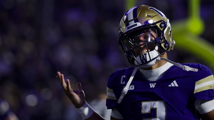 Sep 6, 2025; Seattle, Washington, USA; Washington Huskies quarterback Demond Williams Jr. (2) celebrates after rushing for a touchdown against the UC Davis Aggies during the second quarter at Husky Stadium. 