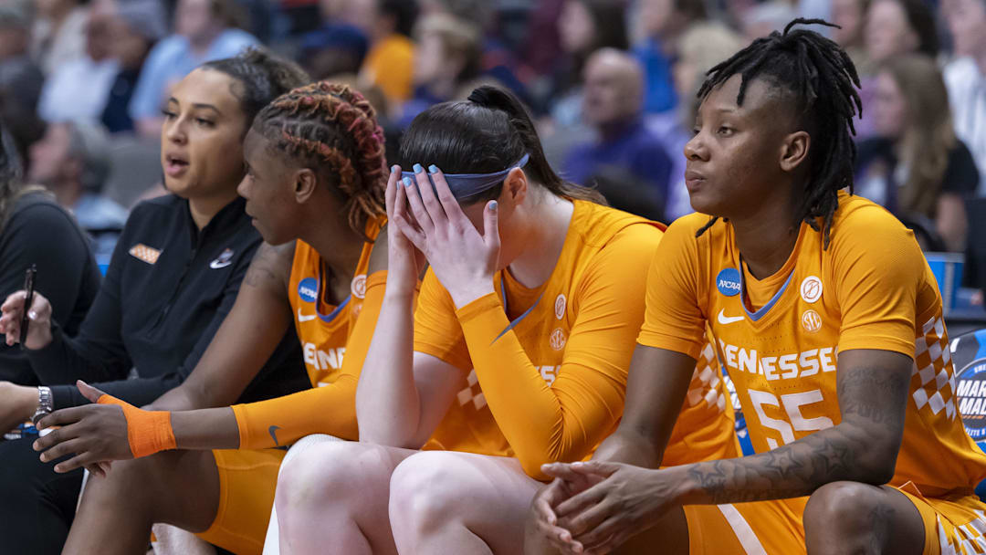 Mar 29, 2025; Birmingham, AL, USA; The Tennessee Lady Vols bench reacts as the game becomes out of reach in the final minute during the second half of a Sweet 16 NCAA Tournament basketball game against the Texas Longhorns at Legacy Arena. Mandatory Credit: Vasha Hunt-Imagn Images Mar 29, 2025; Birmingham, AL, USA; The Tennessee Lady Vols bench reacts as the game becomes out of reach in the final minute during the second half of a Sweet 16 NCAA Tournament basketball game against the Texas Longhorns at Legacy Arena. Mandatory Credit: Vasha Hunt-Imagn Images