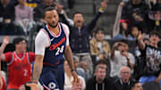 Apr 26, 2025; Inglewood, California, USA; Los Angeles Clippers guard Norman Powell (24) heads down court after a 3-point basket in the first half of game four of round one of the 2024 NBA Playoffs against the Denver Nuggets at Intuit Dome. Mandatory Credit: Jayne Kamin-Oncea-Imagn Images