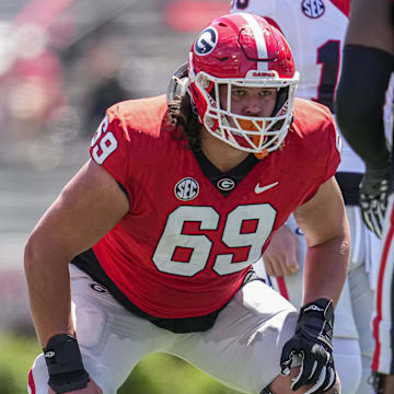 Apr 13, 2024; Athens, GA, USA; Georgia Bulldogs offensive lineman Tate Ratledge (69) shown during the G-Day Game at Sanford Stadium. Mandatory Credit: Dale Zanine-Imagn Images