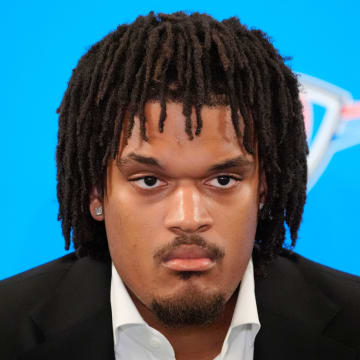 Dillon Jones speaks during an introductory press conference for the 2024 Thunder draft picks at Oklahoma Contemporary Arts Center in Oklahoma City, Saturday, June, 29, 2024.