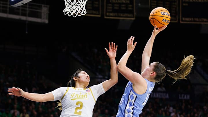 North Carolina guard Elina Aarnisalo, right, shoots the ball over Notre Dame guard Vanessa de Jesus (2) during an NCAA women's basketball game at Purcell Pavilion on Sunday, Jan. 11, 2026, in South Bend.