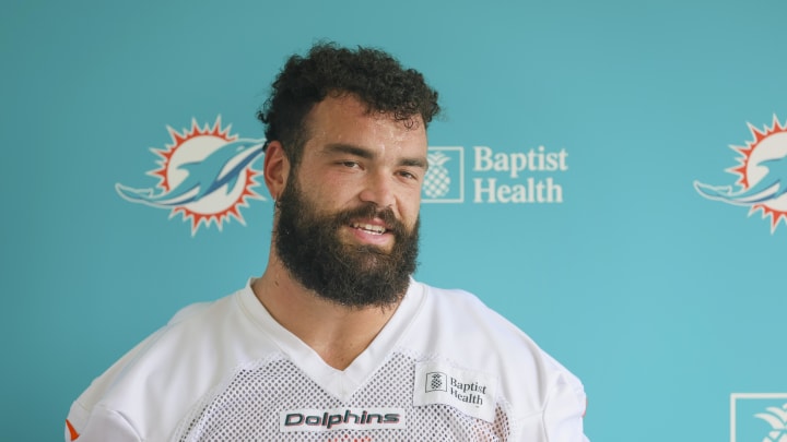 Jul 26, 2023; Miami Gardens, FL, USA; Miami Dolphins guard Connor Williams (58) talks to reporters during training camp at Baptist Health Training Facility.