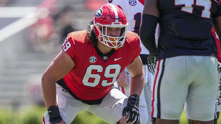 Apr 13, 2024; Athens, GA, USA; Georgia Bulldogs offensive lineman Tate Ratledge (69) shown during the G-Day Game at Sanford Stadium. Mandatory Credit: Dale Zanine-USA TODAY Sports